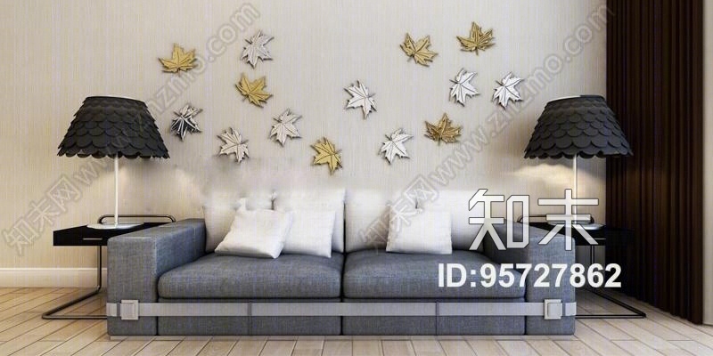 现代布艺双人沙发台灯枫叶墙饰组合3D模型下载【ID:95727862】