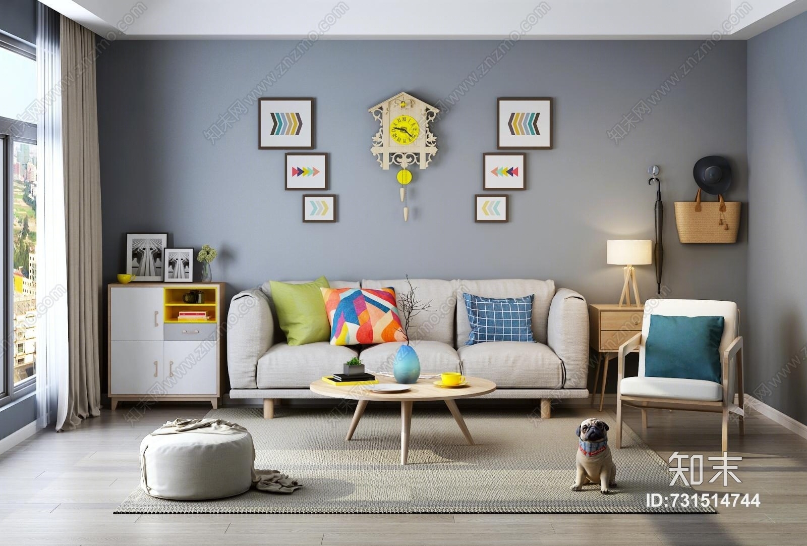 北欧客厅沙发装饰画创意摆钟柜子茶几台灯椅子小狗3D模型下载【ID:731514744】