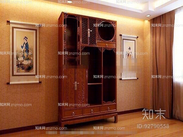 新中式棕色木艺书柜3D模型下载【ID:92790558】