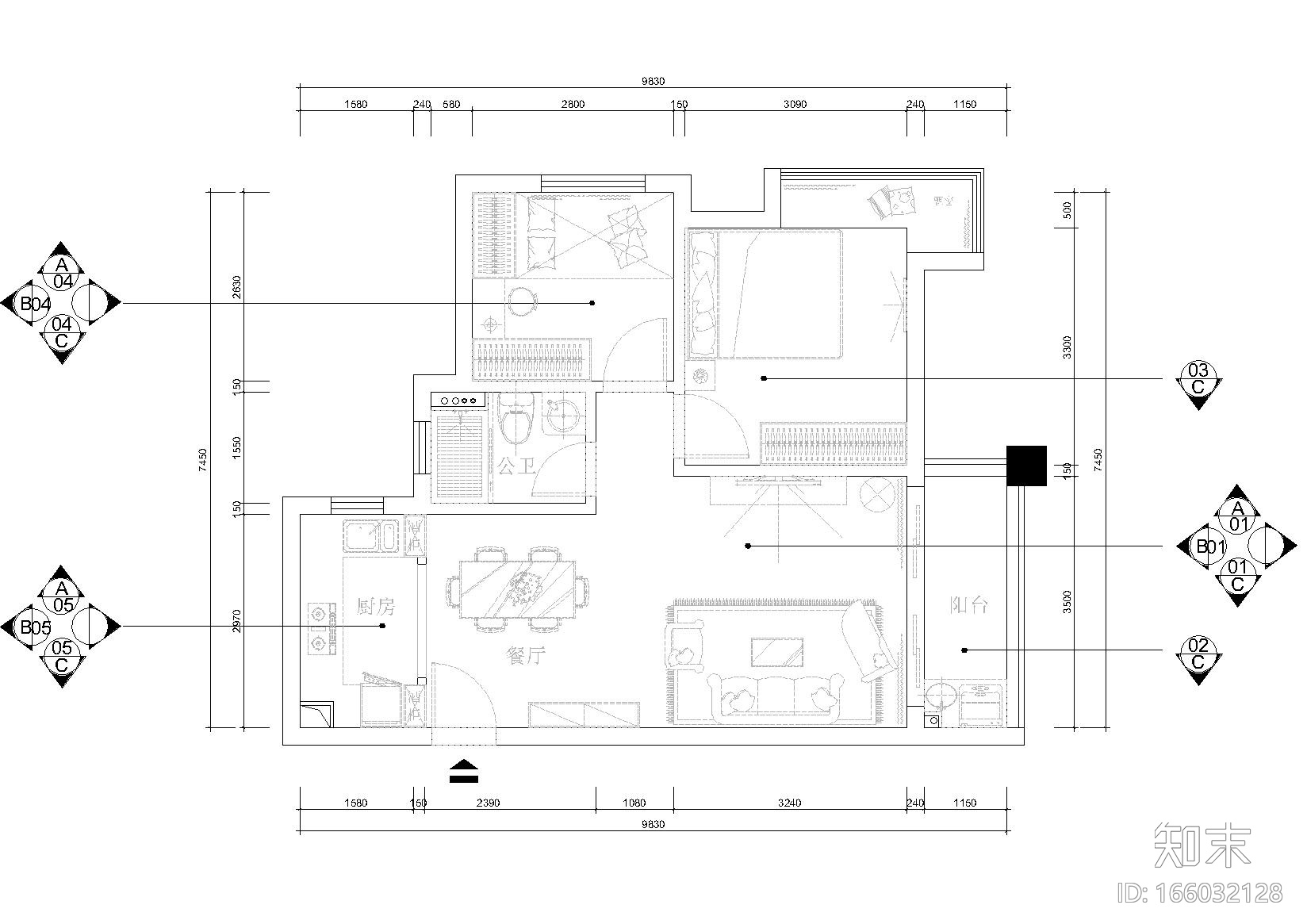 [深圳]华发水岸15栋1703样板间装饰施工图cad施工图下载【ID:166032128】