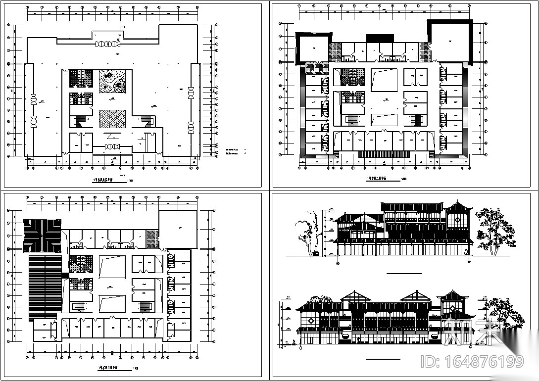 3套中式仿古建筑设计施工图CADcad施工图下载【ID:164876199】