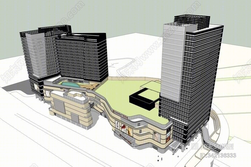 现代高层办公楼+商业综合体SU模型下载【ID:342136333】