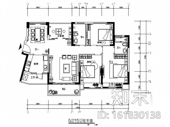 [广东]高端小区经典中式风格三居室室内装修施工图cad施工图下载【ID:161830138】