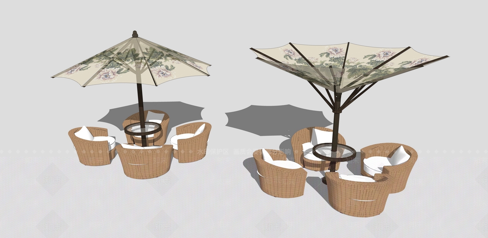 牡丹花饰遮阳伞休闲座椅SU模型下载【ID:170449273】