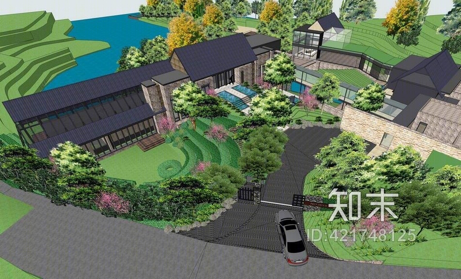新中式会所+景观SU模型下载【ID:421748125】