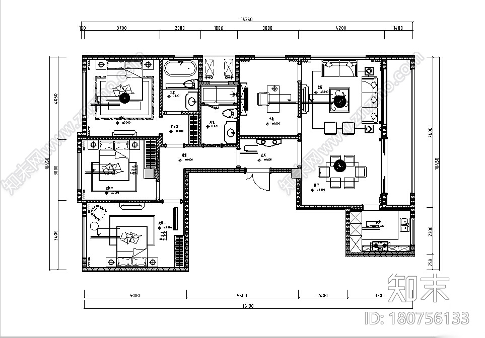 [上海]一套完整的法式样板间设计施工图（含效果图）cad施工图下载【ID:180756133】