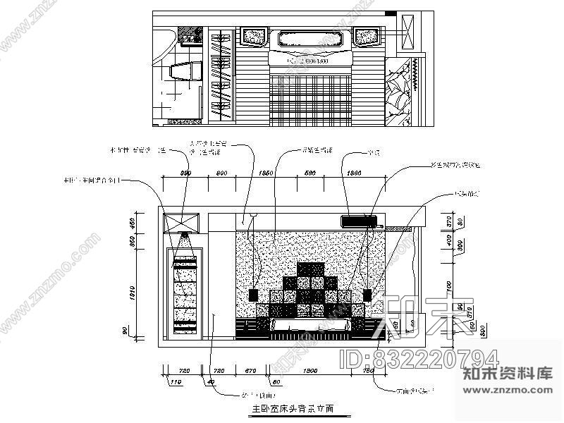 图块/节点现代主卧室背景墙立面图cad施工图下载【ID:832220794】