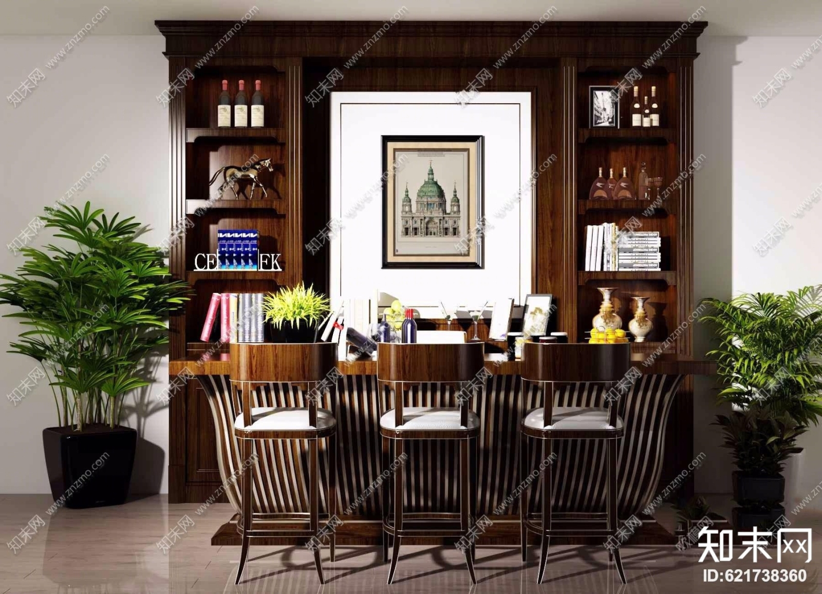 美式实木吧台餐具酒柜盆栽组合3D模型下载【ID:621738360】