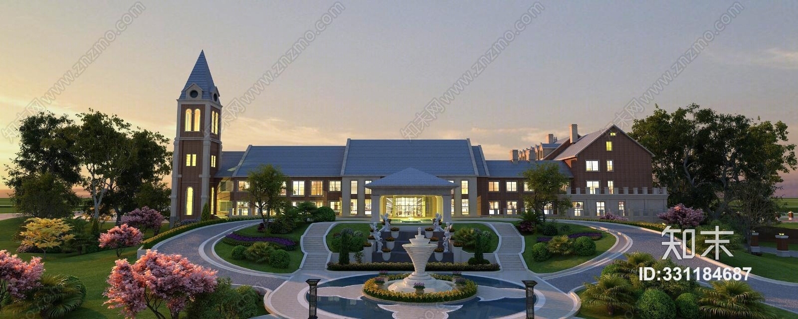 简欧别墅酒店户外景观3D模型下载【ID:331184687】