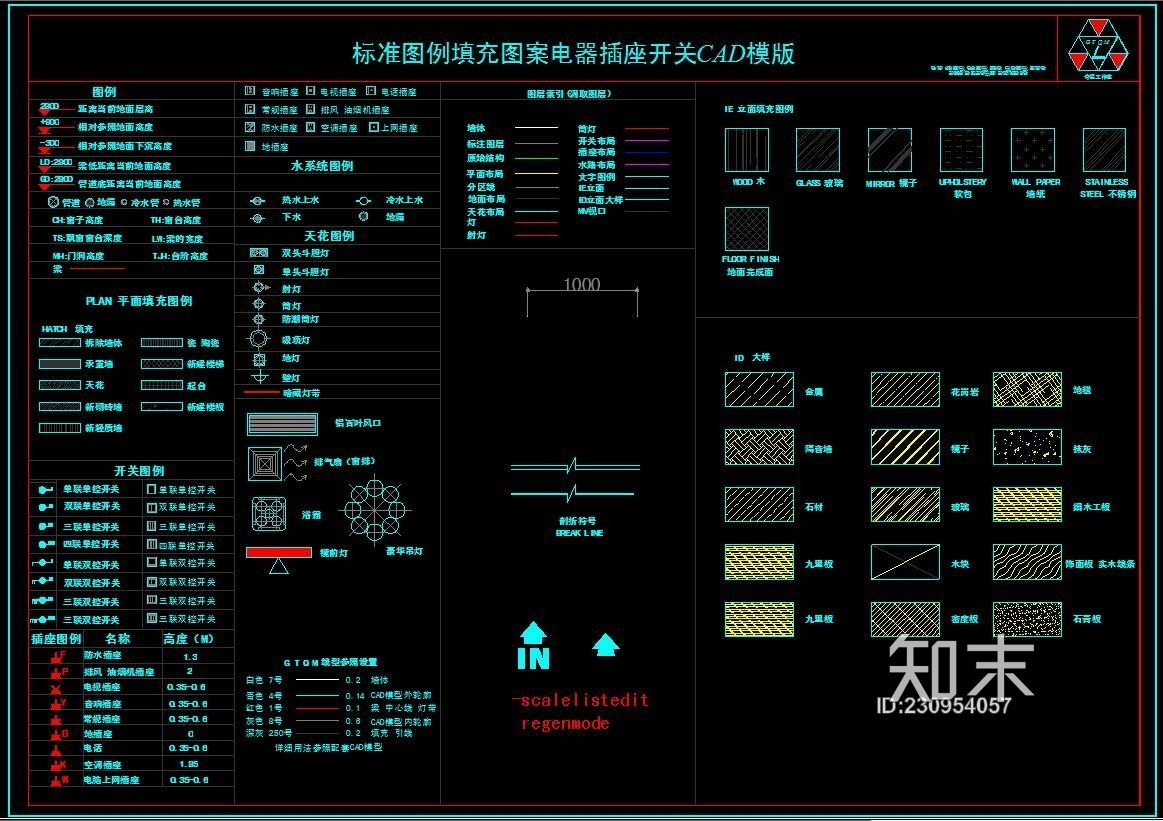 标准图例填充图案电器插座开关CAD模版cad施工图下载【ID:230954057】