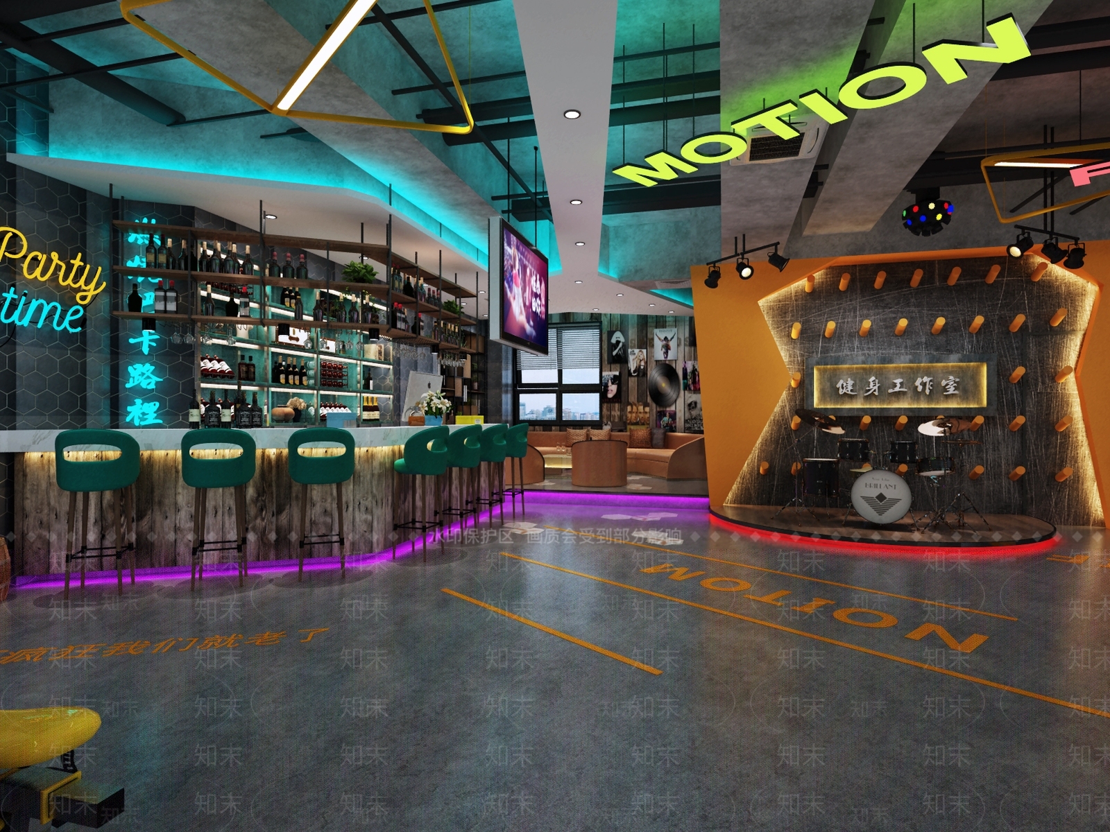 工业风健身房灯具吊顶地面组合3D模型下载【ID:932248690】