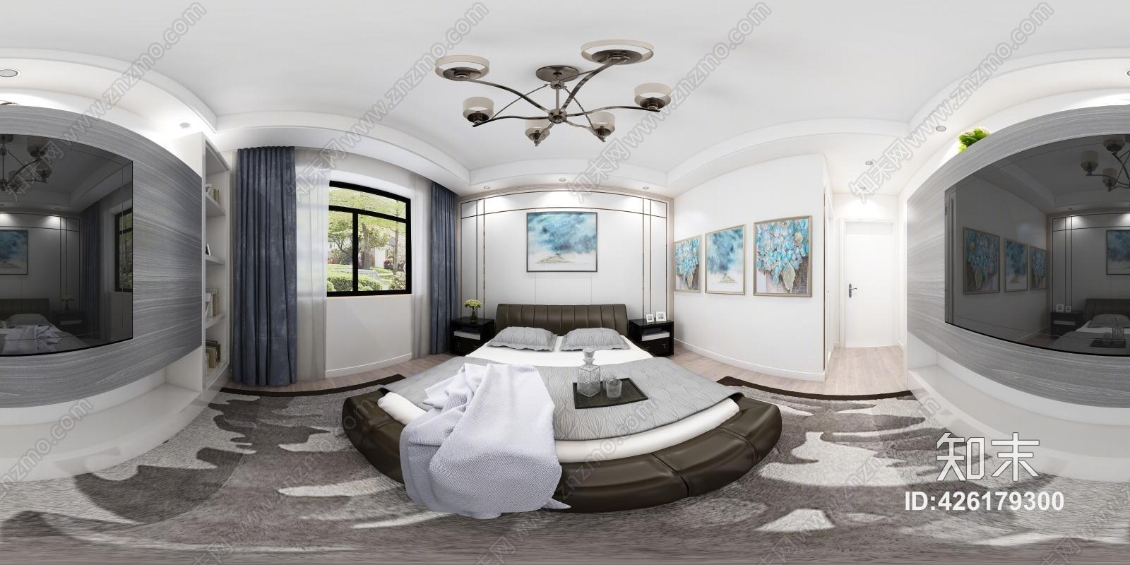 后现代主卧室双人床灯窗帘床头背景墙3D模型下载【ID:426179300】