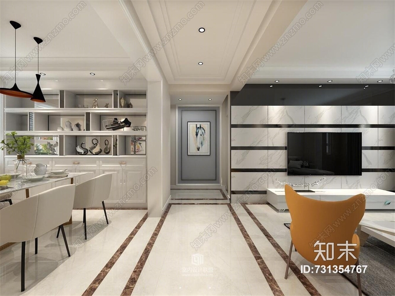 现代客厅餐厅过道玄关沙发餐桌吊灯鞋柜3D模型下载【ID:731354767】