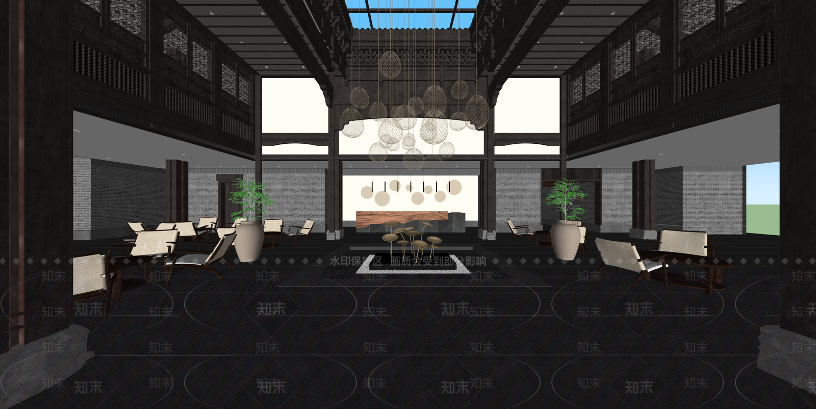 中式酒店大堂SU模型下载【ID:1215200224】