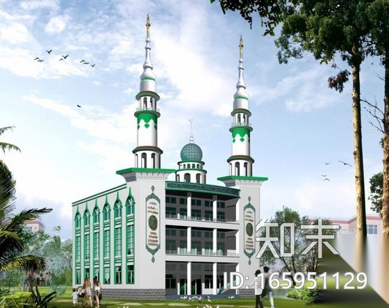 伊斯兰风格建筑某清真寺建筑施工图（附建筑效果图）施工图下载【ID:165951129】