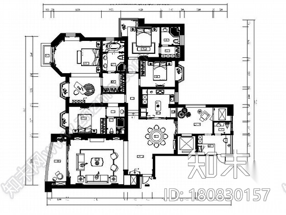 城市中心欧式风格六居室样板房装修图（含效果）cad施工图下载【ID:180830157】