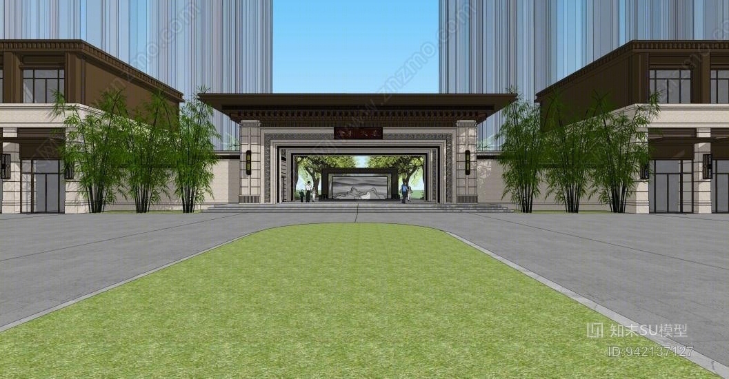 新中式入口大门+商业SU模型下载【ID:942137127】