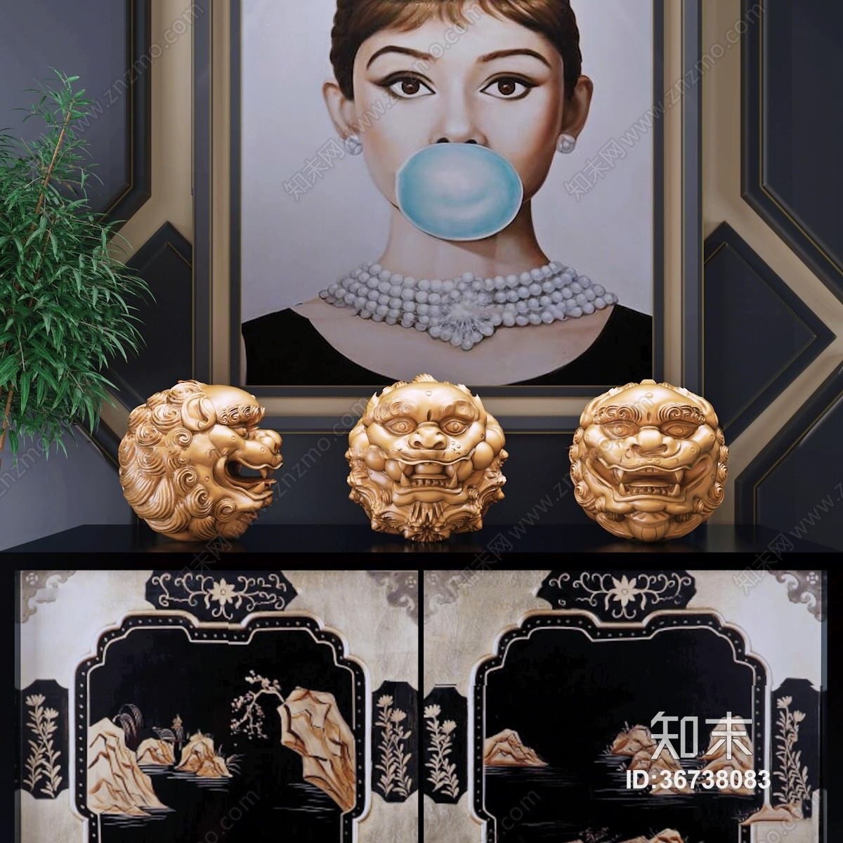 新中式边柜狮子球核雕塑组合3D模型下载【ID:36738083】