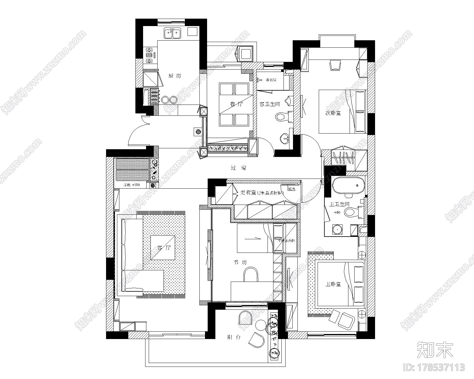 时尚优雅现代三居室装修图（含实景图）施工图下载【ID:178537113】