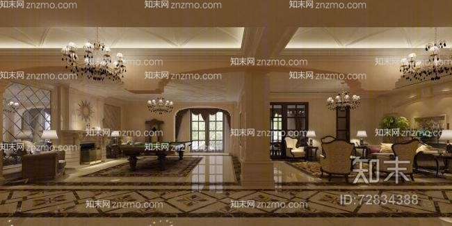 美式简约别墅客厅3D模型下载【ID:72834388】