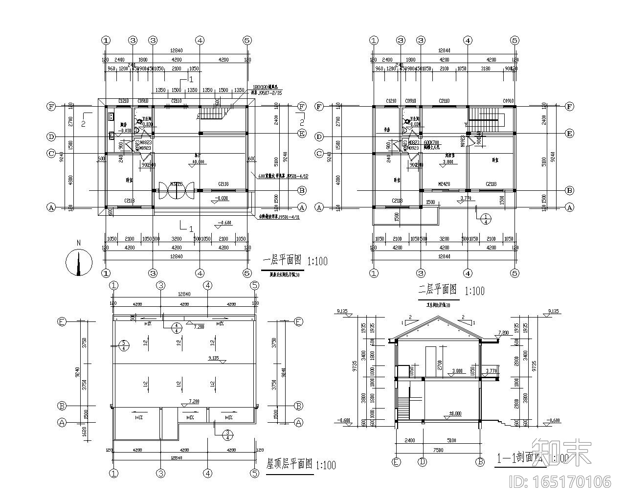 二层坡屋顶别墅砖混结构施工图（CAD）施工图下载【ID:165170106】