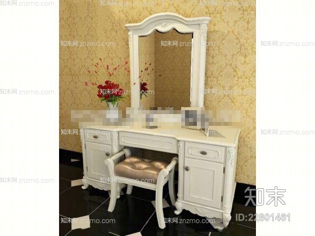 欧式简约白色木艺梳妆台3D模型下载【ID:22801461】