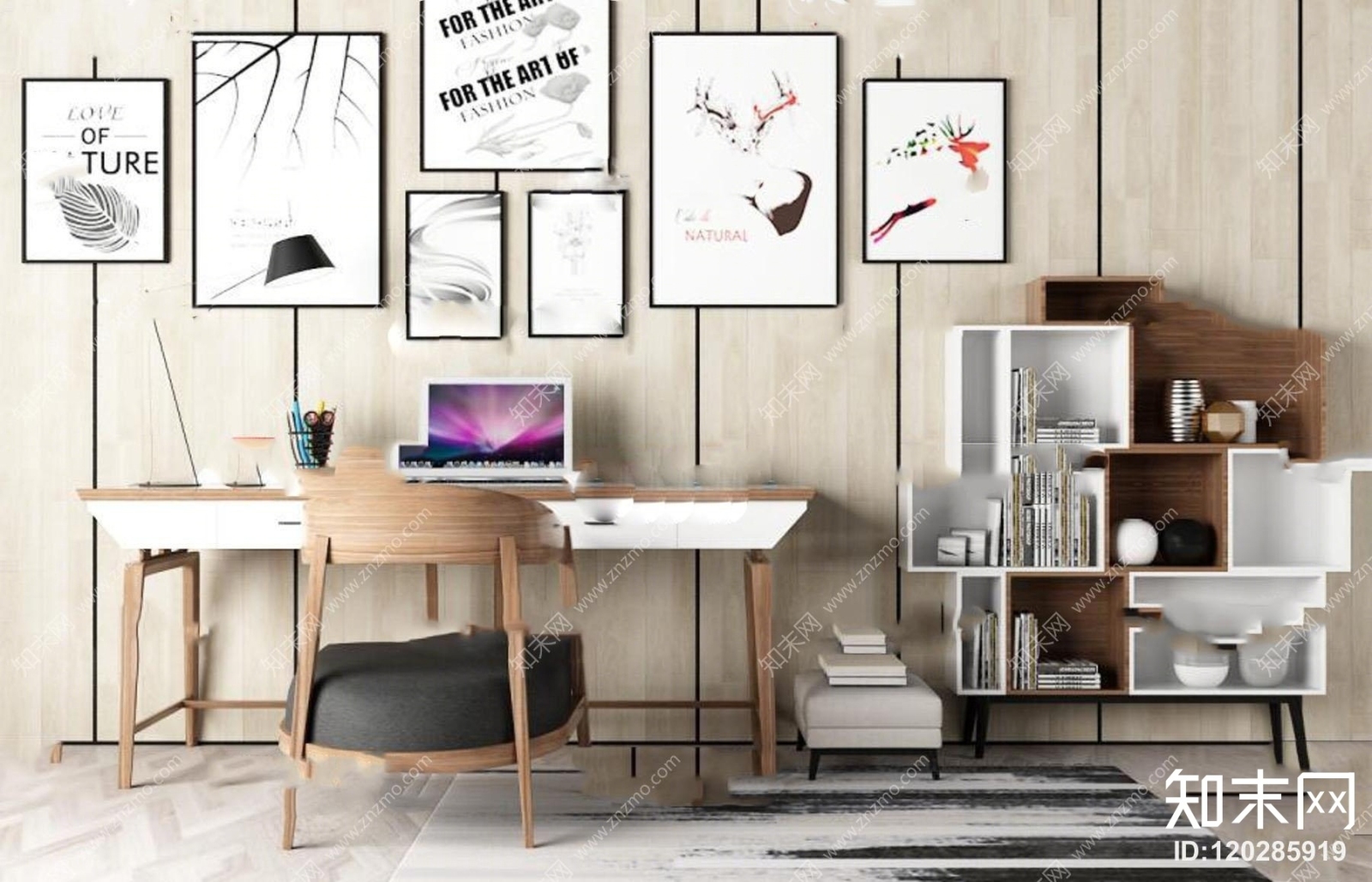 现代书桌椅书架台灯装饰画组合3D模型下载【ID:120285919】