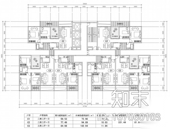 塔式高层一梯六户户型图(73/73/95/95/103/103)cad施工图下载【ID:167060103】