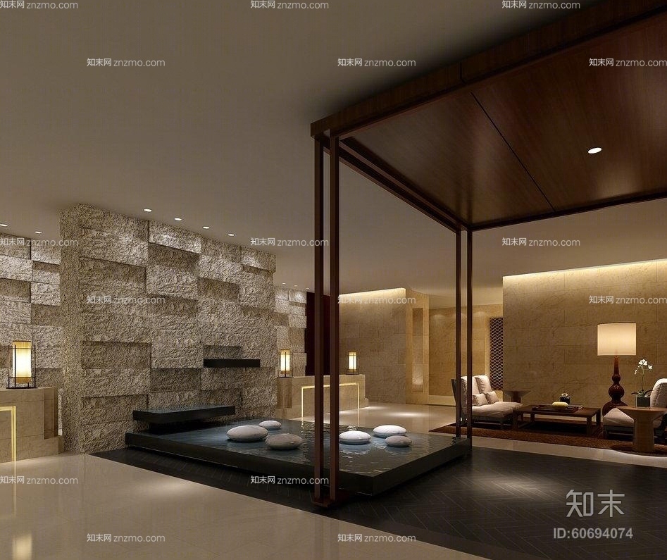 禅意中式景观水池3D模型下载【ID:60694074】