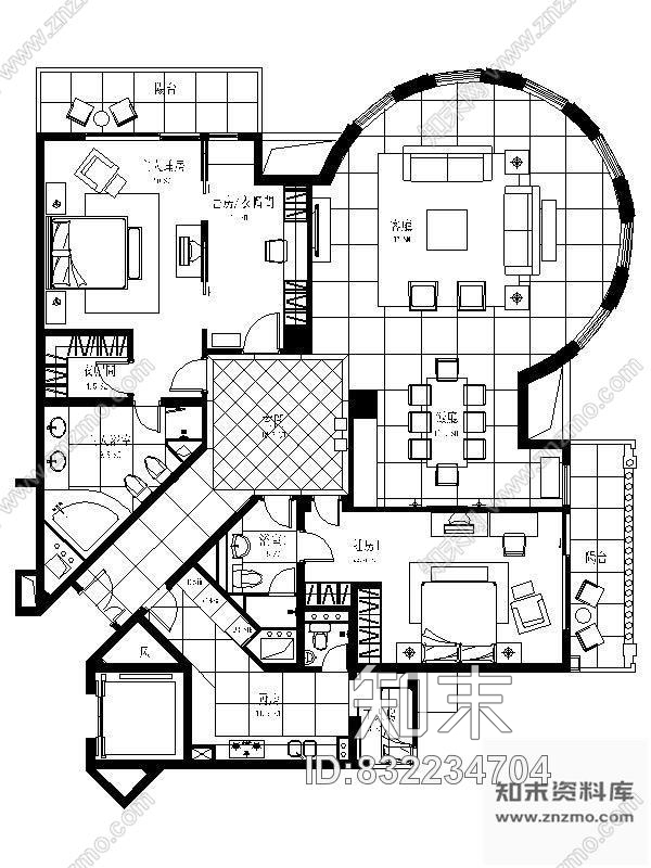 图块/节点特色两居平面图cad施工图下载【ID:832234704】