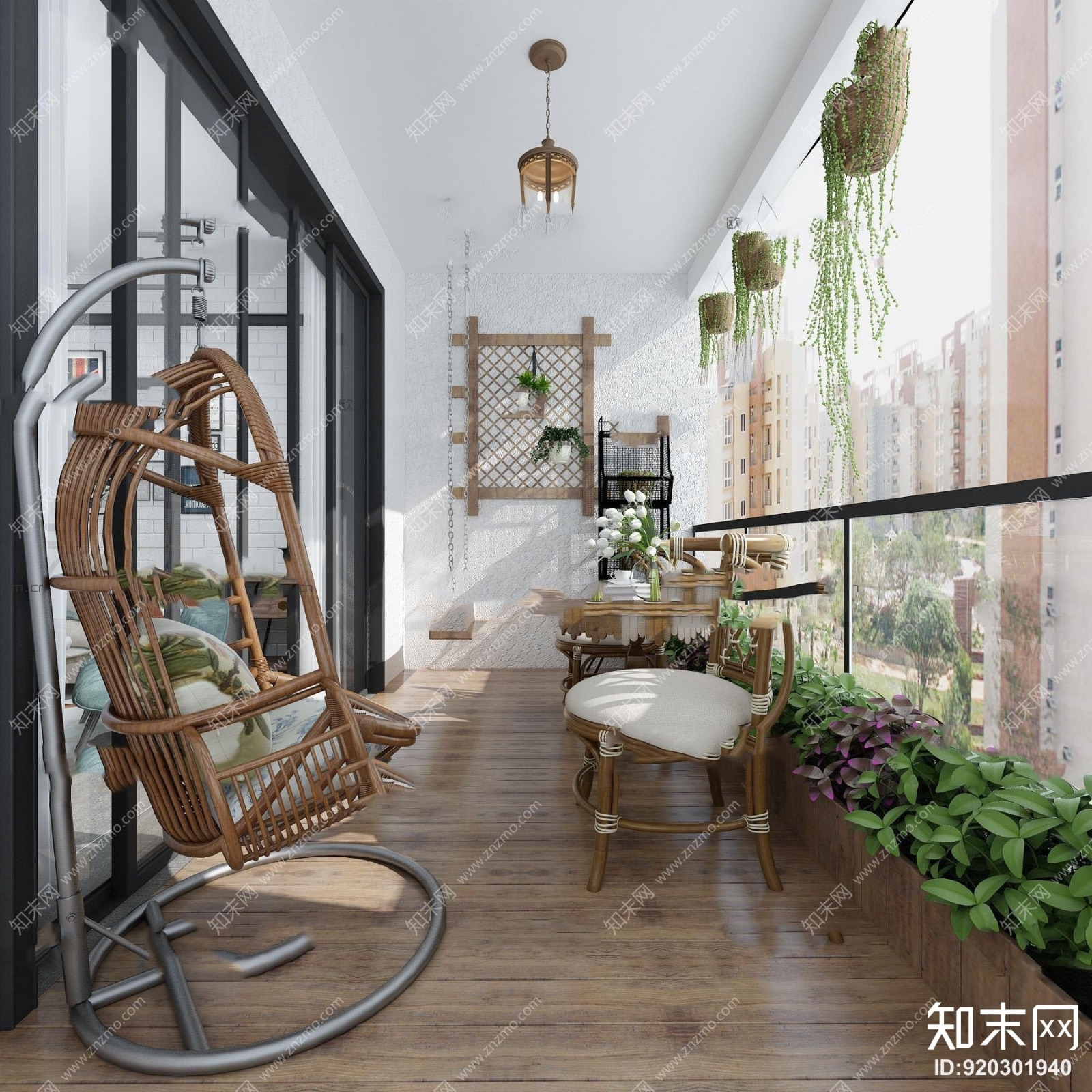 现代阳台藤椅吊椅盆栽组合3D模型下载【ID:920301940】