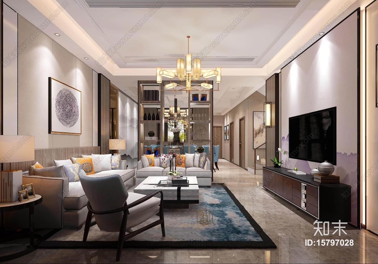 新中式客厅餐厅卧室3D模型下载【ID:15797028】