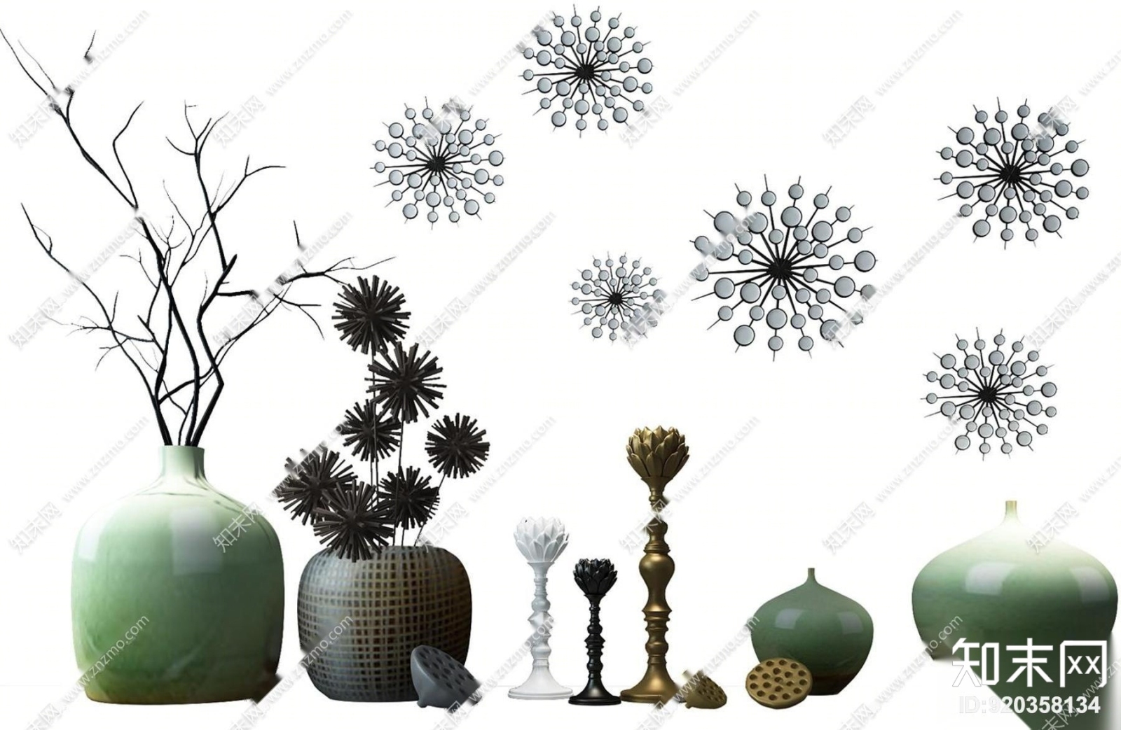 中式陶瓷花瓶插枝挂件摆件组合3D模型下载【ID:920358134】