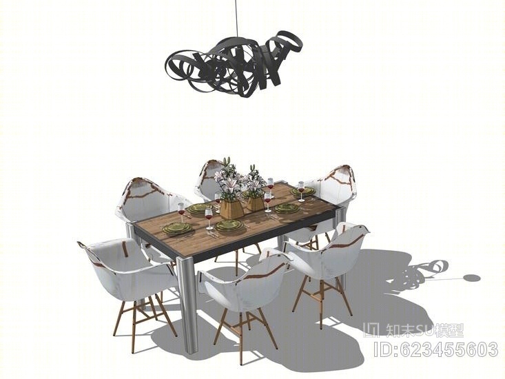 现代工业风方餐桌餐具吊灯组合SU模型下载【ID:623455603】