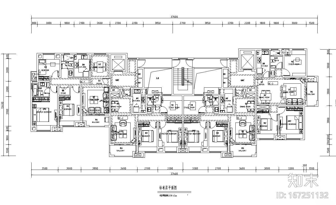 高层户型图- 徐州1梯2户户型设计图cad施工图下载【ID:167251132】