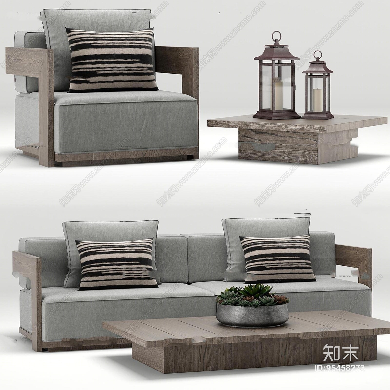 现代实木双人沙发茶几组合3D模型下载【ID:95458273】