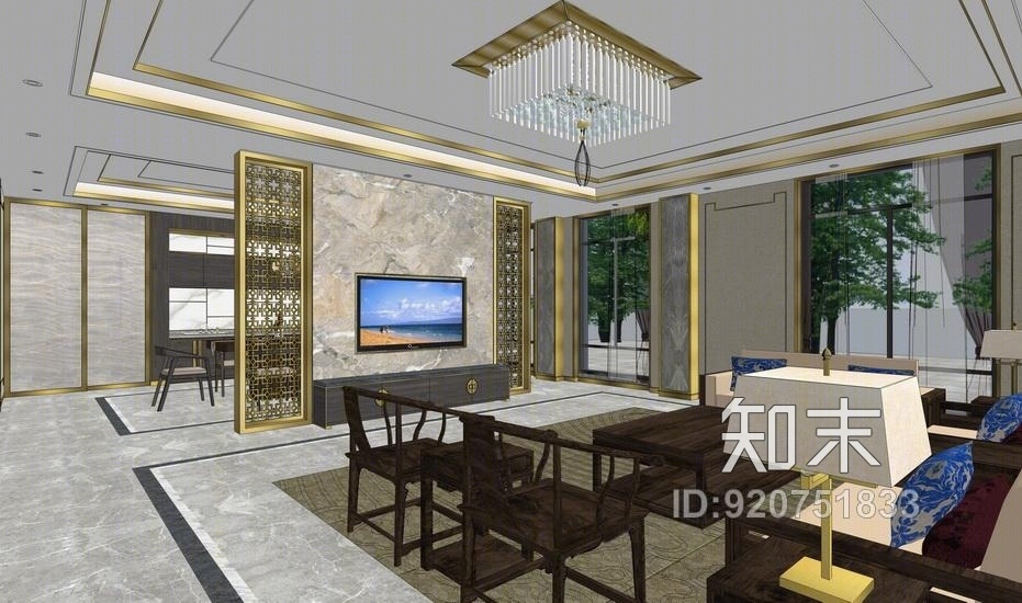 新中式复式别墅一层客厅餐厅室内设计SU模型下载【ID:920751833】