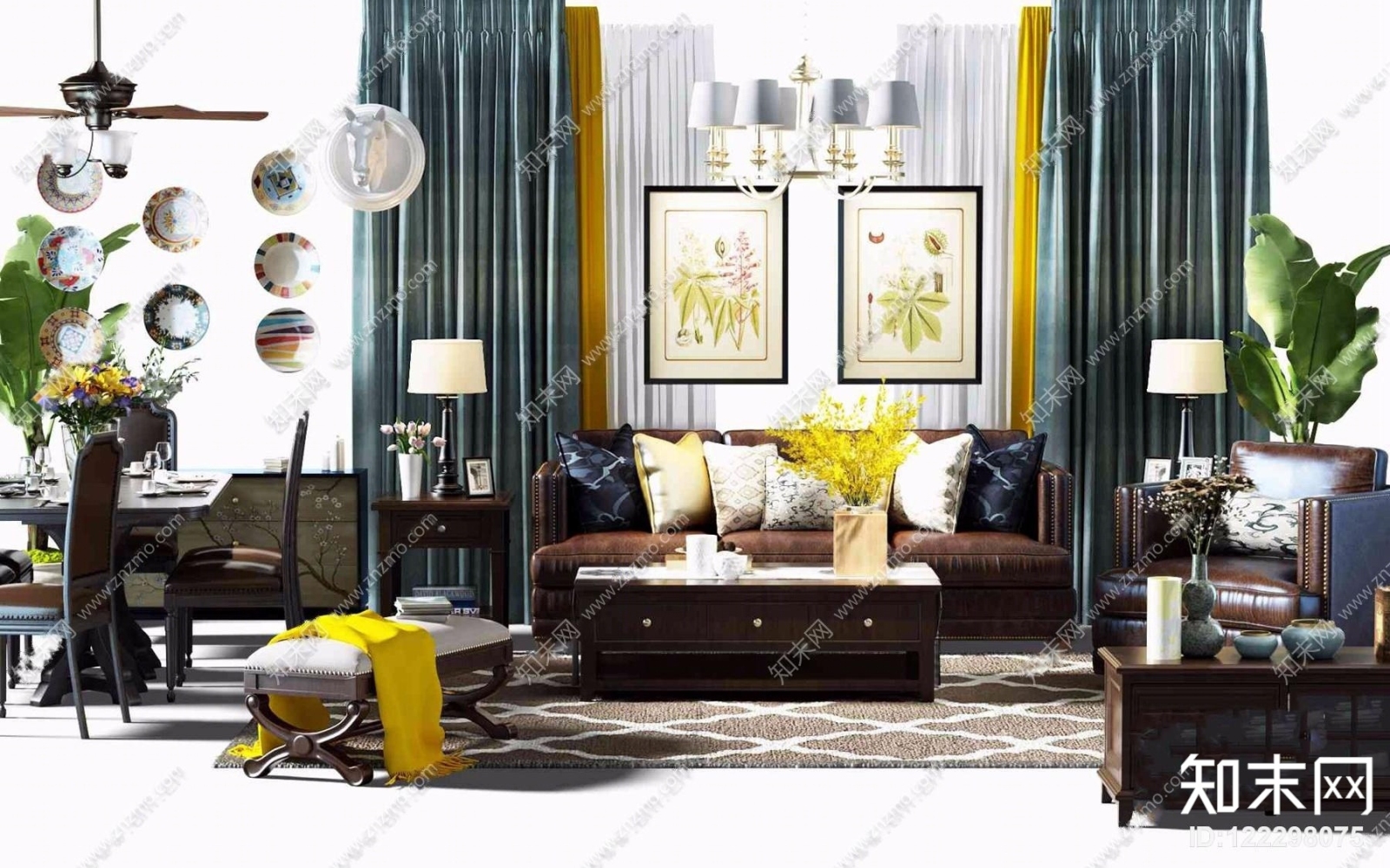 美式沙发茶几边柜电视柜餐桌椅组合3D模型下载【ID:122298075】