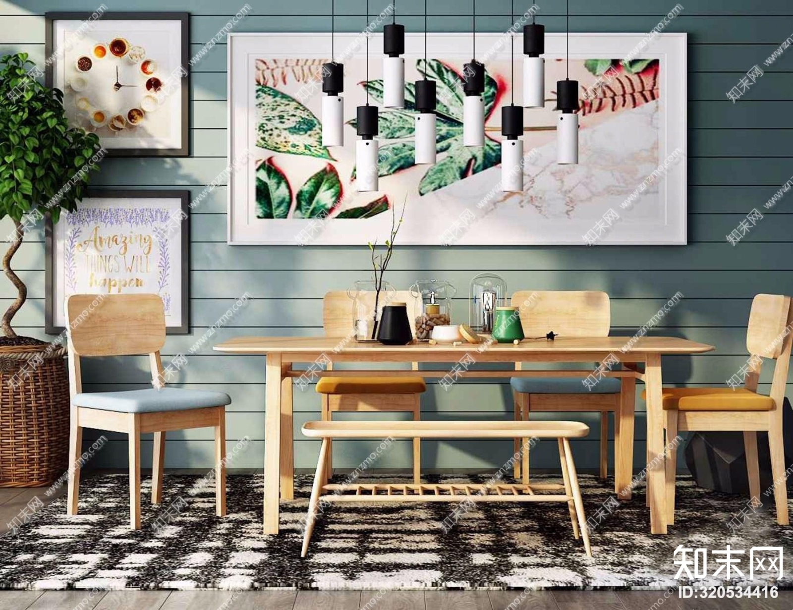 现代实木餐桌椅盆栽吊灯组合3D模型下载【ID:320534416】