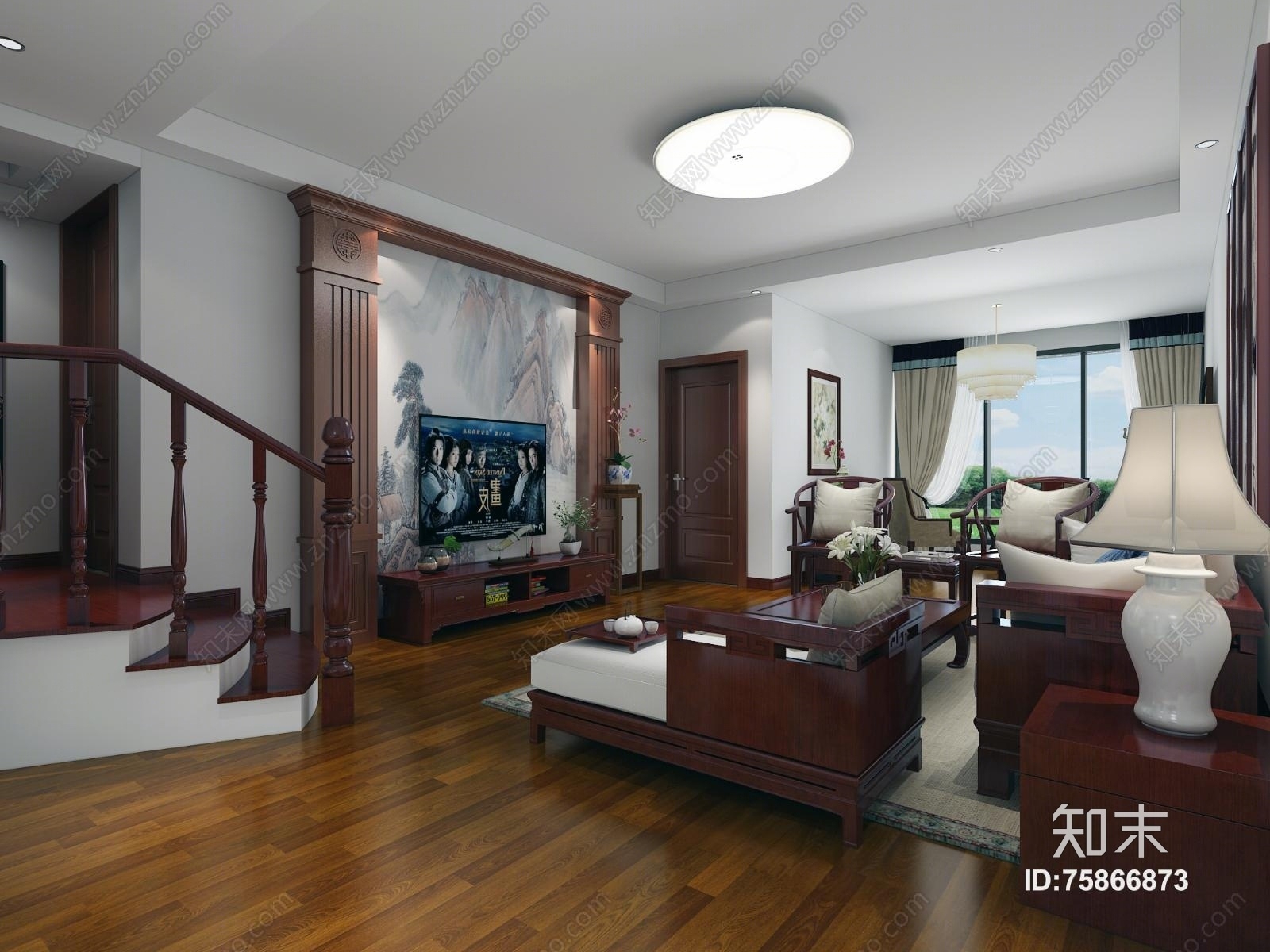 中式客厅效果图3D模型下载【ID:75866873】