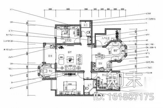 美式乡村田园风格三居室装修图（含效果）cad施工图下载【ID:161807175】