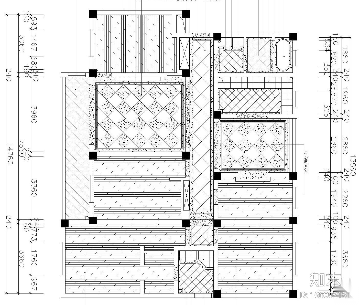 美式大三居室内装修施工图设计（附效果图）cad施工图下载【ID:166002181】