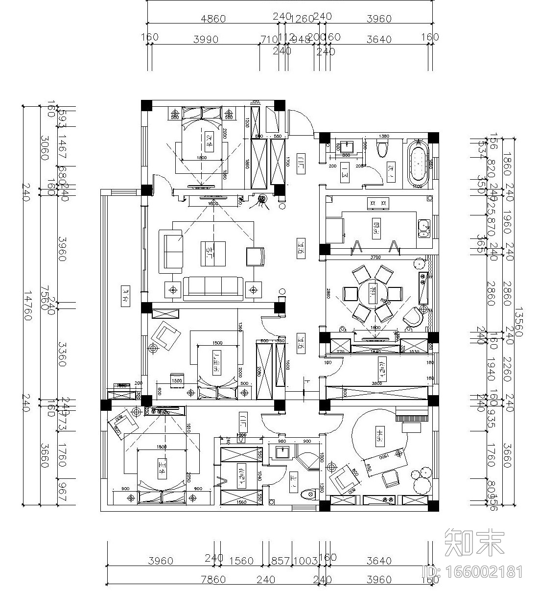 美式大三居室内装修施工图设计（附效果图）cad施工图下载【ID:166002181】