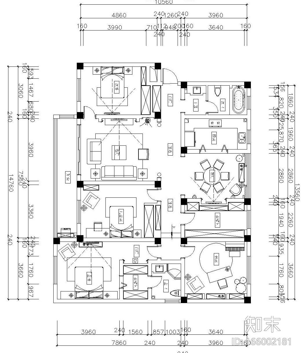 美式大三居室内装修施工图设计（附效果图）cad施工图下载【ID:166002181】