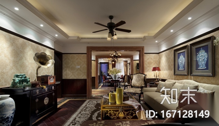 [安徽]美式风格户型样板房CAD施工图（含实景图）cad施工图下载【ID:167128149】
