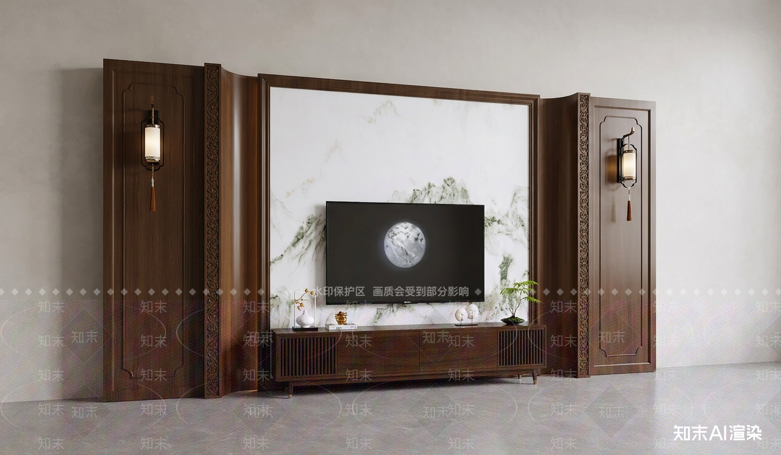 新中式电视柜3D模型渲染效果图