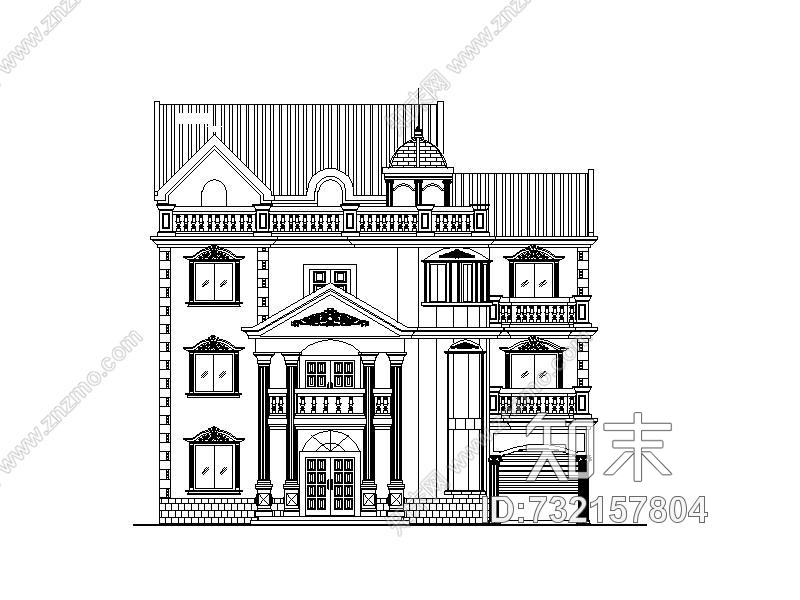 三层欧式别墅建筑外立面cad施工图cad施工图下载【ID:732157804】