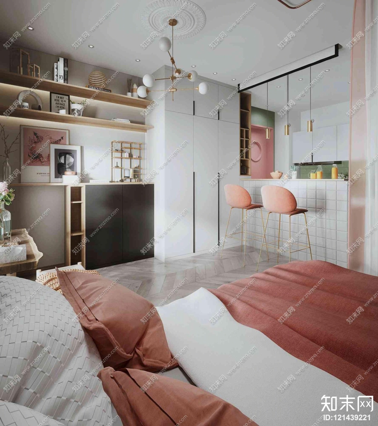 现代小户型客厅卧室厨房组合3D模型下载【ID:121439221】