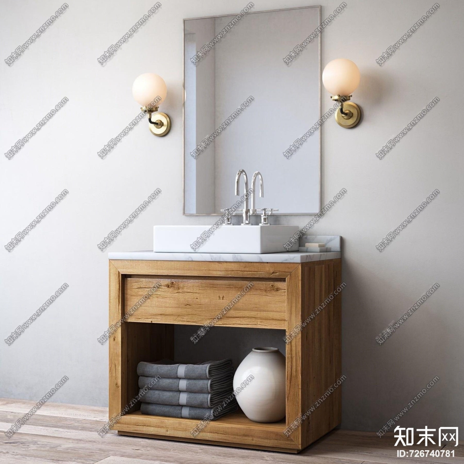 北欧实木台盆洗手台3D模型下载【ID:726740781】