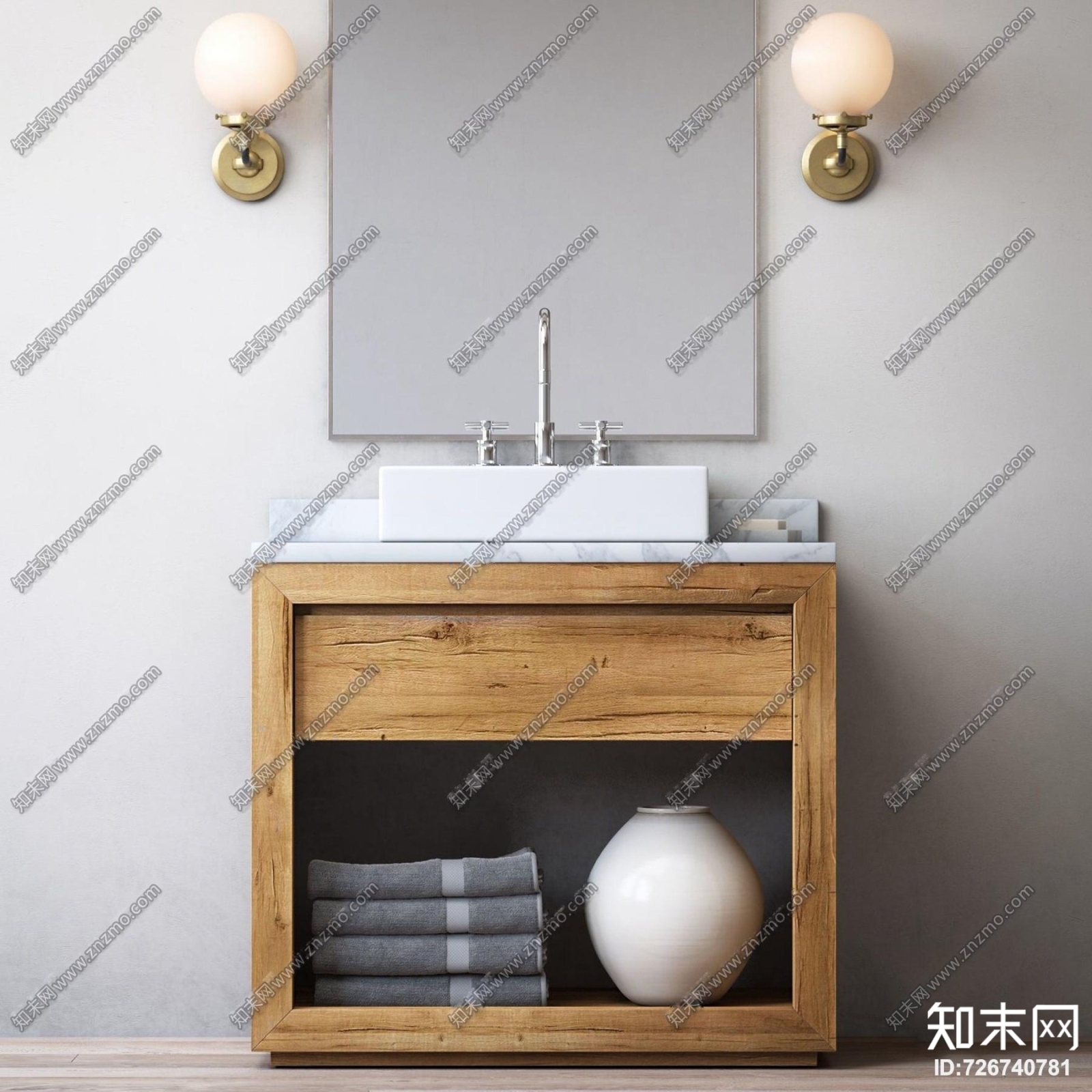 北欧实木台盆洗手台3D模型下载【ID:726740781】